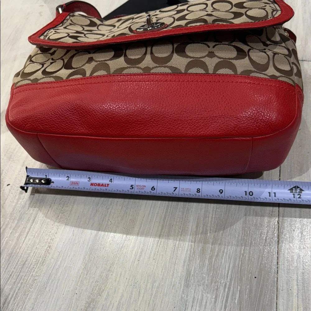 Coach Coral Red and Tan Signature Shoulder Bag